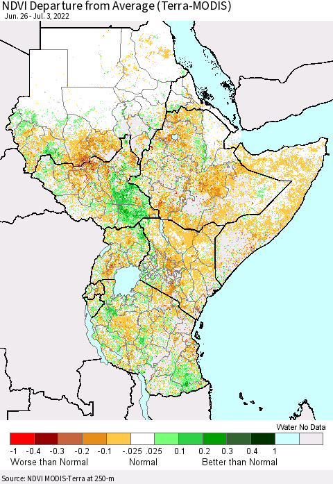 Eastern Africa NDVI Departure from Average (Terra-MODIS) Thematic Map For 6/26/2022 - 7/3/2022