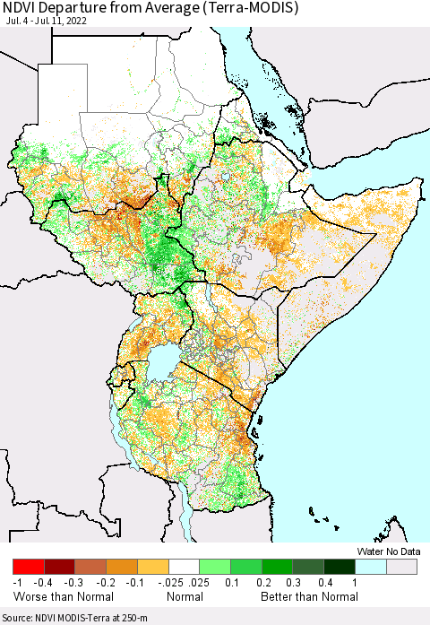 Eastern Africa NDVI Departure from Average (Terra-MODIS) Thematic Map For 7/4/2022 - 7/11/2022