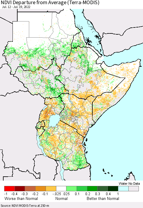 Eastern Africa NDVI Departure from Average (Terra-MODIS) Thematic Map For 7/12/2022 - 7/19/2022