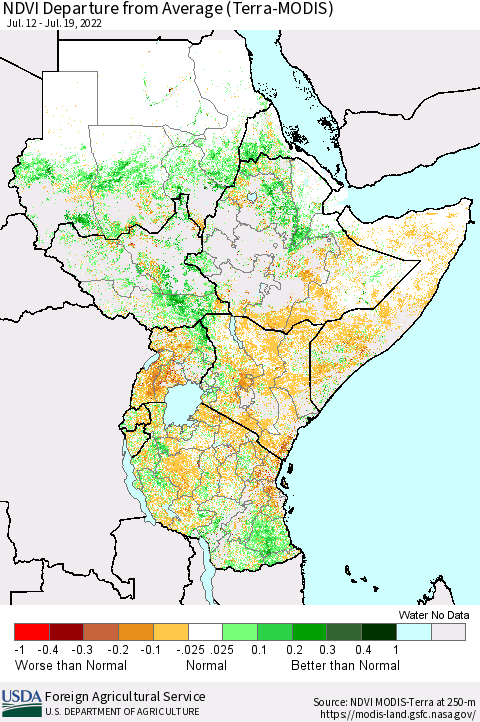 Eastern Africa NDVI Departure from Average (Terra-MODIS) Thematic Map For 7/11/2022 - 7/20/2022