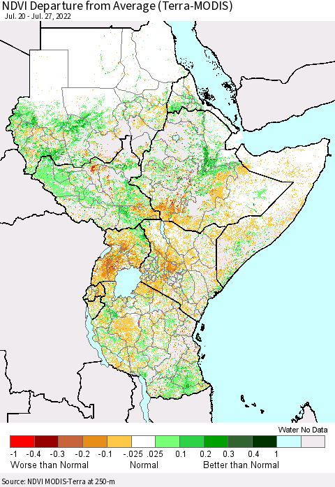 Eastern Africa NDVI Departure from Average (Terra-MODIS) Thematic Map For 7/20/2022 - 7/27/2022