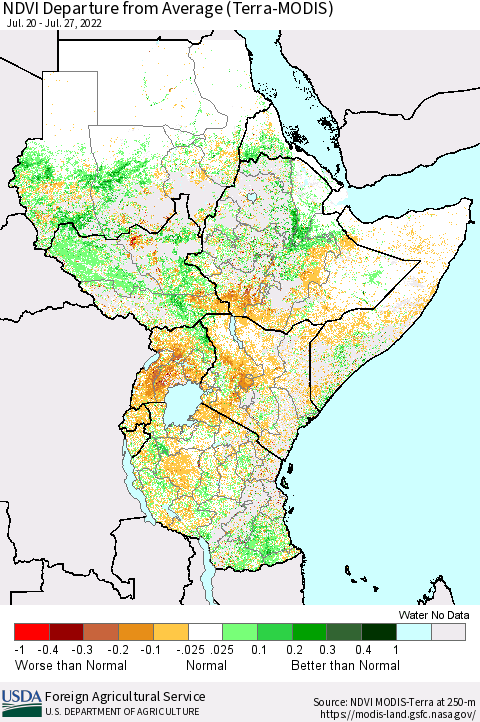 Eastern Africa NDVI Departure from Average (Terra-MODIS) Thematic Map For 7/21/2022 - 7/31/2022