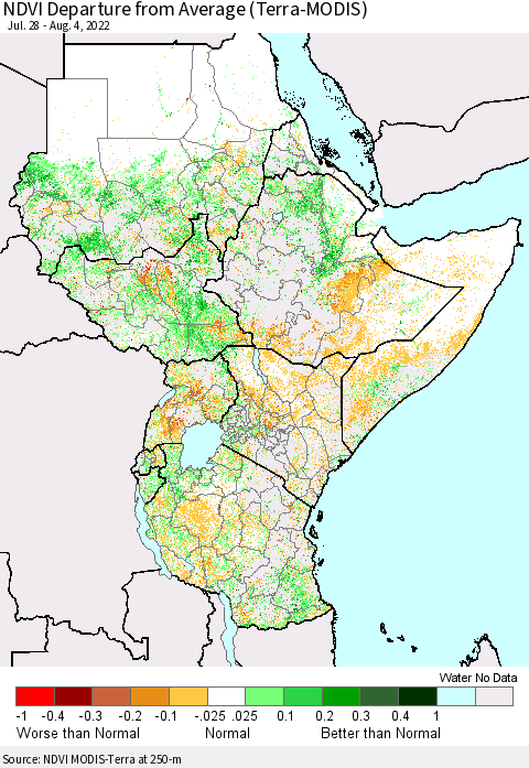 Eastern Africa NDVI Departure from Average (Terra-MODIS) Thematic Map For 7/28/2022 - 8/4/2022
