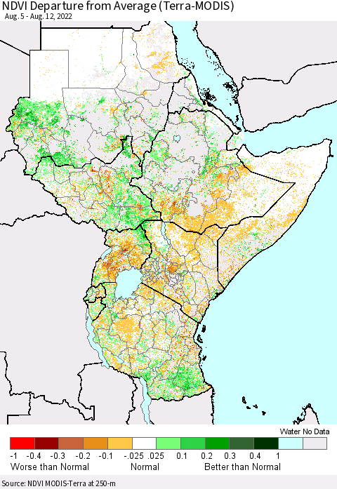 Eastern Africa NDVI Departure from Average (Terra-MODIS) Thematic Map For 8/5/2022 - 8/12/2022