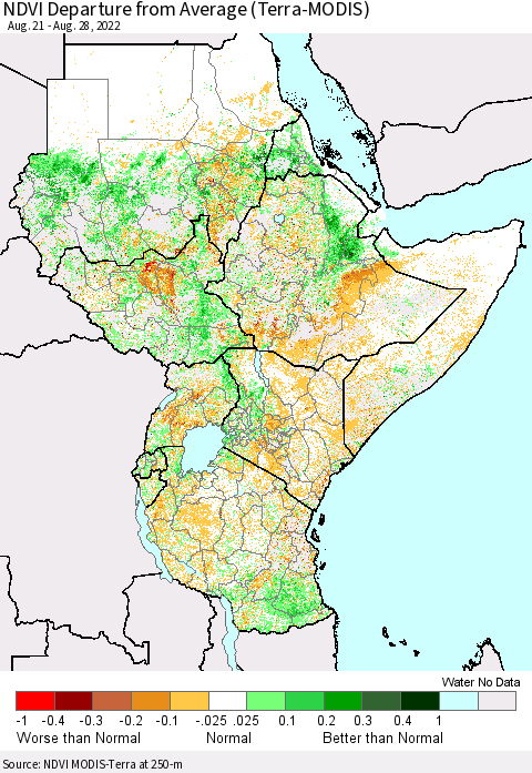 Eastern Africa NDVI Departure from Average (Terra-MODIS) Thematic Map For 8/21/2022 - 8/28/2022