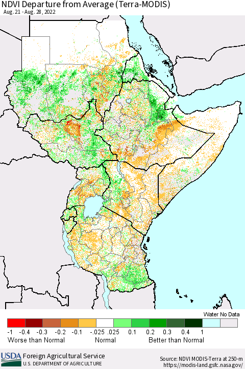 Eastern Africa NDVI Departure from Average (Terra-MODIS) Thematic Map For 8/21/2022 - 8/31/2022