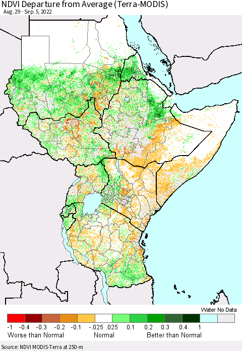 Eastern Africa NDVI Departure from Average (Terra-MODIS) Thematic Map For 8/29/2022 - 9/5/2022