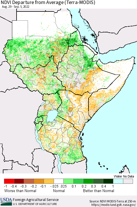 Eastern Africa NDVI Departure from Average (Terra-MODIS) Thematic Map For 9/1/2022 - 9/10/2022