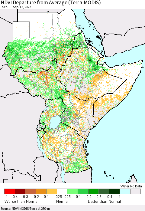 Eastern Africa NDVI Departure from Average (Terra-MODIS) Thematic Map For 9/6/2022 - 9/13/2022