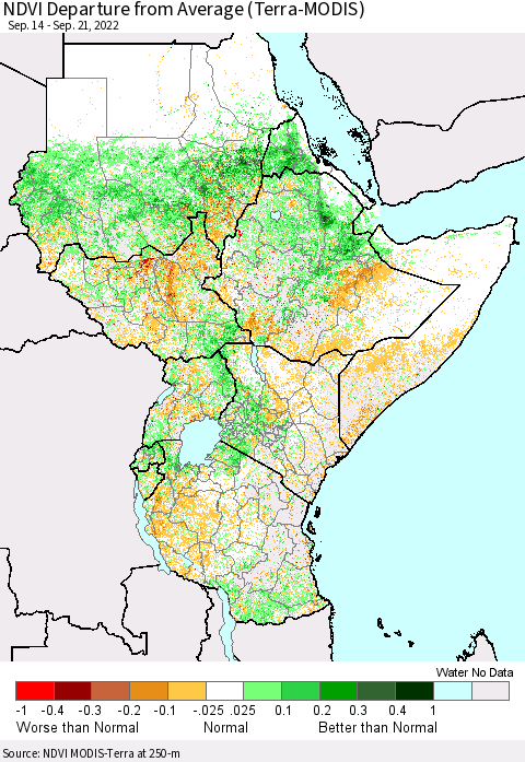 Eastern Africa NDVI Departure from Average (Terra-MODIS) Thematic Map For 9/14/2022 - 9/21/2022