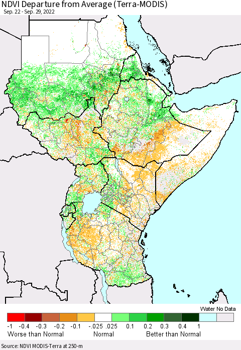 Eastern Africa NDVI Departure from Average (Terra-MODIS) Thematic Map For 9/22/2022 - 9/29/2022
