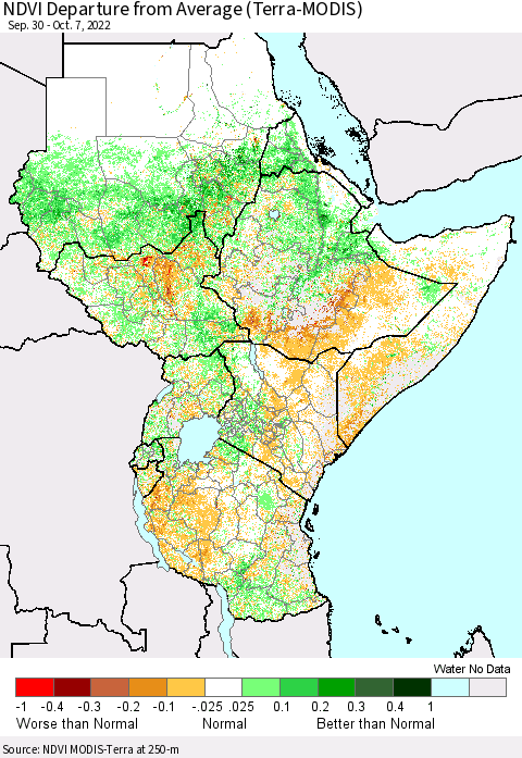 Eastern Africa NDVI Departure from Average (Terra-MODIS) Thematic Map For 9/30/2022 - 10/7/2022