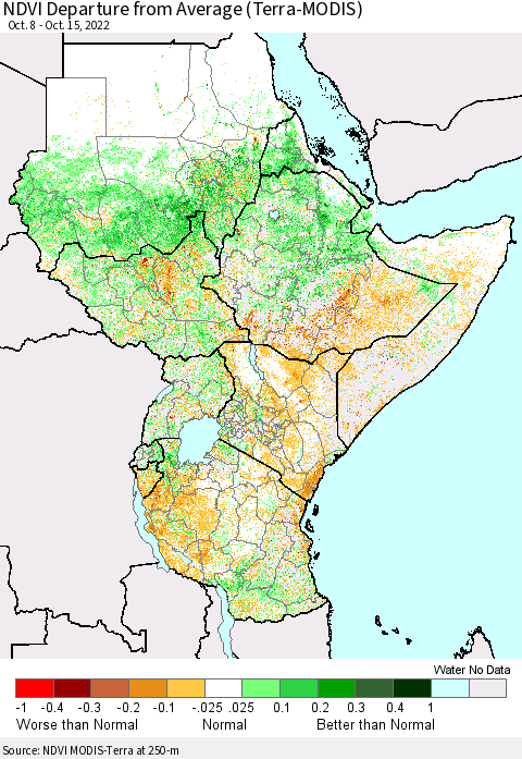 Eastern Africa NDVI Departure from Average (Terra-MODIS) Thematic Map For 10/8/2022 - 10/15/2022