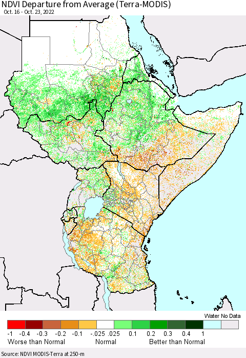 Eastern Africa NDVI Departure from Average (Terra-MODIS) Thematic Map For 10/16/2022 - 10/23/2022