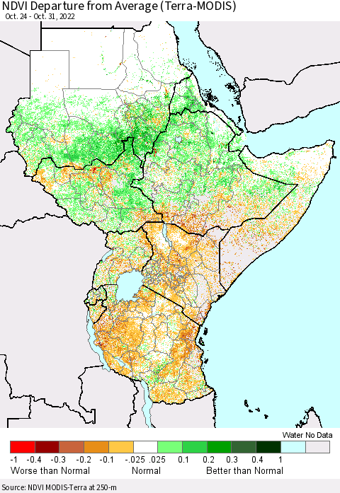 Eastern Africa NDVI Departure from Average (Terra-MODIS) Thematic Map For 10/21/2022 - 10/31/2022