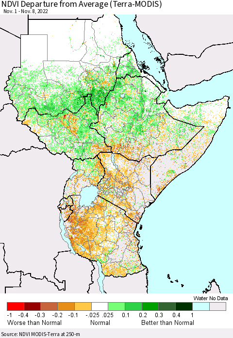 Eastern Africa NDVI Departure from Average (Terra-MODIS) Thematic Map For 11/1/2022 - 11/8/2022