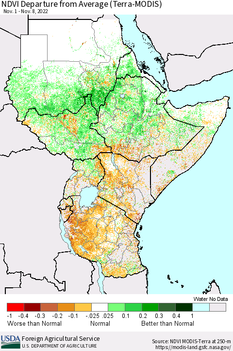 Eastern Africa NDVI Departure from Average (Terra-MODIS) Thematic Map For 11/1/2022 - 11/10/2022
