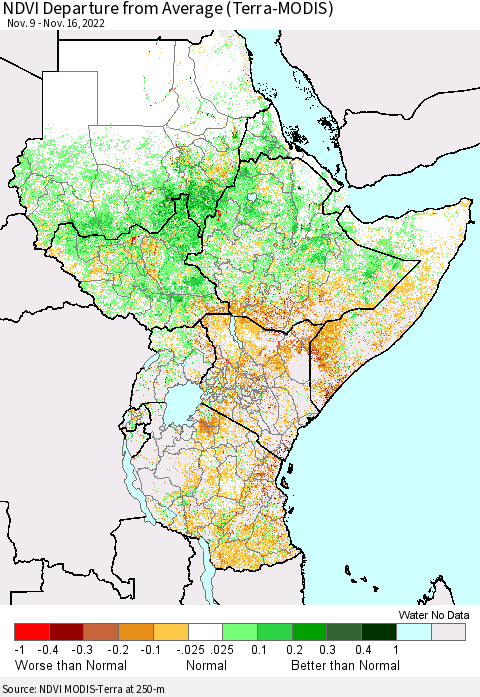 Eastern Africa NDVI Departure from Average (Terra-MODIS) Thematic Map For 11/9/2022 - 11/16/2022