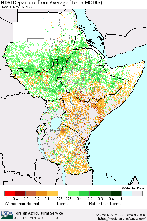 Eastern Africa NDVI Departure from Average (Terra-MODIS) Thematic Map For 11/11/2022 - 11/20/2022