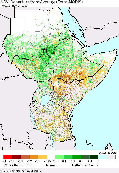 Eastern Africa NDVI Departure from Average (Terra-MODIS) Thematic Map For 11/17/2022 - 11/24/2022