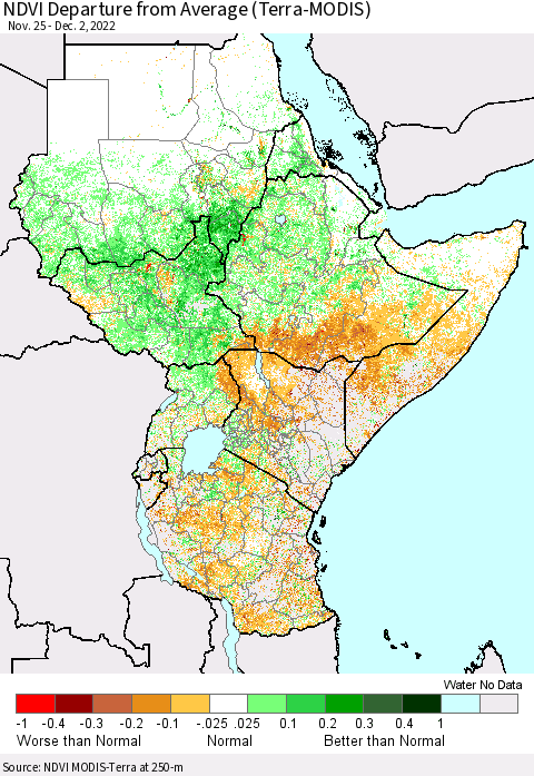 Eastern Africa NDVI Departure from Average (Terra-MODIS) Thematic Map For 11/25/2022 - 12/2/2022