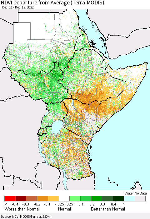 Eastern Africa NDVI Departure from Average (Terra-MODIS) Thematic Map For 12/11/2022 - 12/18/2022
