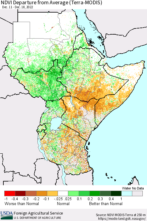Eastern Africa NDVI Departure from Average (Terra-MODIS) Thematic Map For 12/11/2022 - 12/20/2022