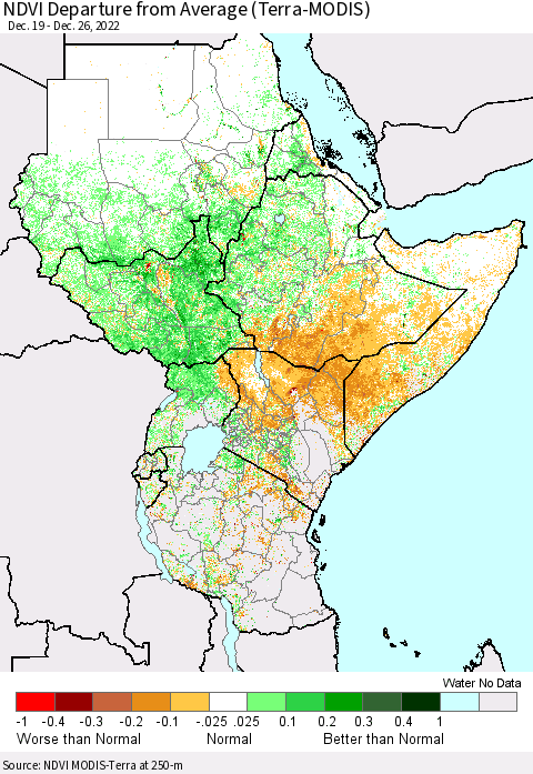 Eastern Africa NDVI Departure from Average (Terra-MODIS) Thematic Map For 12/19/2022 - 12/26/2022