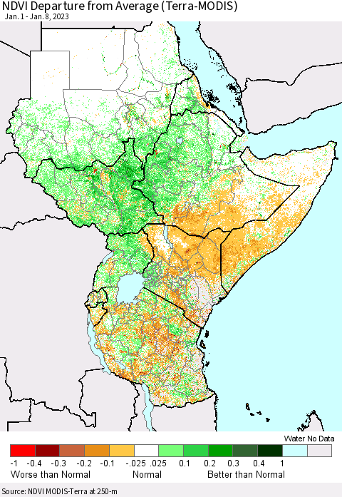 Eastern Africa NDVI Departure from Average (Terra-MODIS) Thematic Map For 1/1/2023 - 1/8/2023