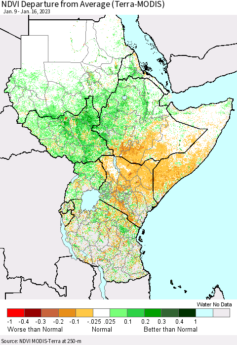 Eastern Africa NDVI Departure from Average (Terra-MODIS) Thematic Map For 1/9/2023 - 1/16/2023