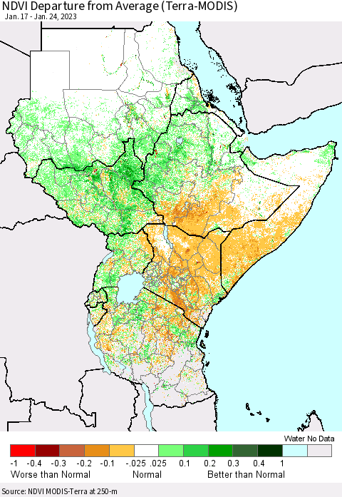Eastern Africa NDVI Departure from Average (Terra-MODIS) Thematic Map For 1/17/2023 - 1/24/2023
