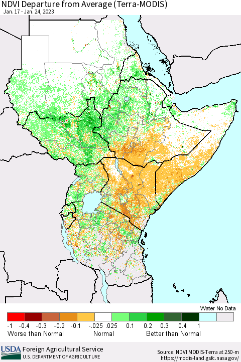 Eastern Africa NDVI Departure from Average (Terra-MODIS) Thematic Map For 1/21/2023 - 1/31/2023