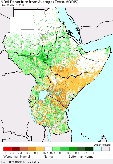 Eastern Africa NDVI Departure from Average (Terra-MODIS) Thematic Map For 1/25/2023 - 2/1/2023