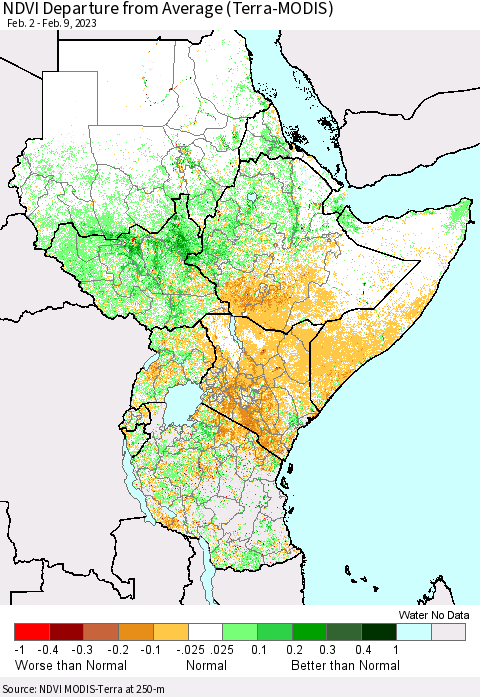 Eastern Africa NDVI Departure from Average (Terra-MODIS) Thematic Map For 2/2/2023 - 2/9/2023