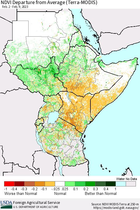 Eastern Africa NDVI Departure from Average (Terra-MODIS) Thematic Map For 2/1/2023 - 2/10/2023