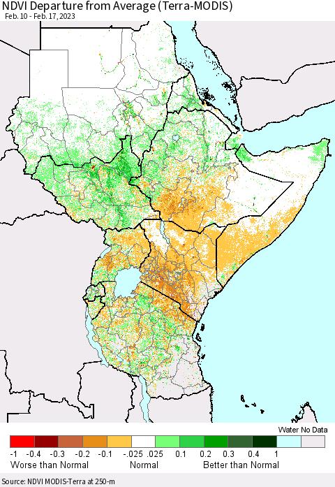 Eastern Africa NDVI Departure from Average (Terra-MODIS) Thematic Map For 2/10/2023 - 2/17/2023