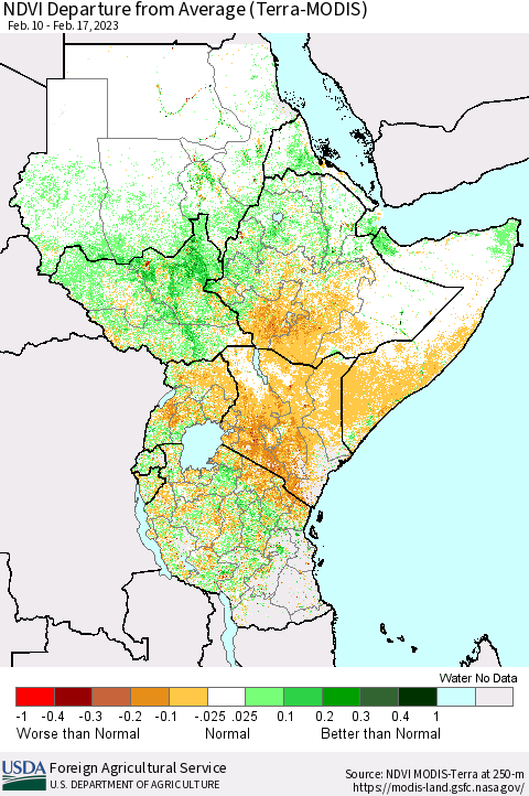Eastern Africa NDVI Departure from Average (Terra-MODIS) Thematic Map For 2/11/2023 - 2/20/2023