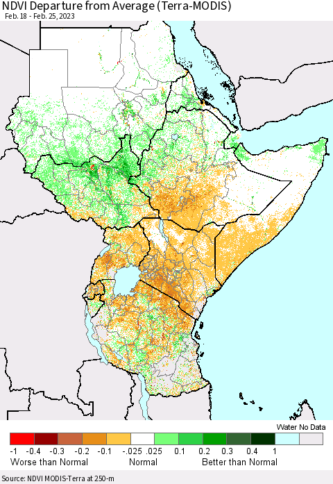 Eastern Africa NDVI Departure from Average (Terra-MODIS) Thematic Map For 2/18/2023 - 2/25/2023