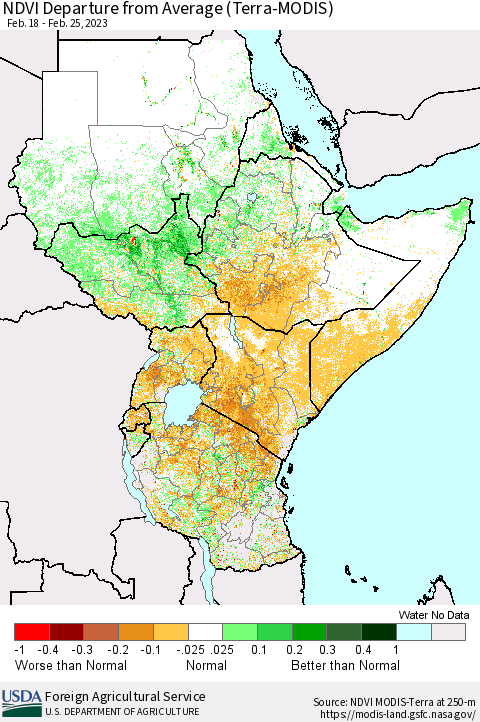 Eastern Africa NDVI Departure from Average (Terra-MODIS) Thematic Map For 2/21/2023 - 2/28/2023