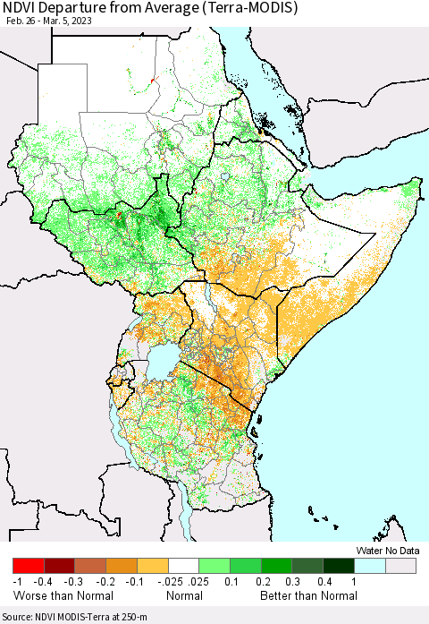 Eastern Africa NDVI Departure from Average (Terra-MODIS) Thematic Map For 2/26/2023 - 3/5/2023