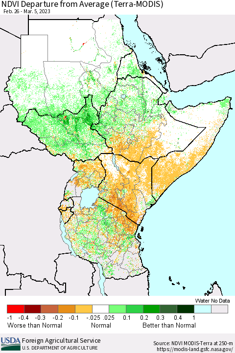 Eastern Africa NDVI Departure from Average (Terra-MODIS) Thematic Map For 3/1/2023 - 3/10/2023