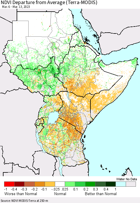 Eastern Africa NDVI Departure from Average (Terra-MODIS) Thematic Map For 3/6/2023 - 3/13/2023