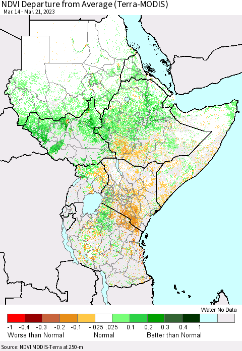 Eastern Africa NDVI Departure from Average (Terra-MODIS) Thematic Map For 3/14/2023 - 3/21/2023