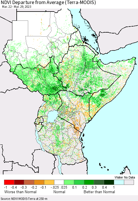 Eastern Africa NDVI Departure from Average (Terra-MODIS) Thematic Map For 3/22/2023 - 3/29/2023