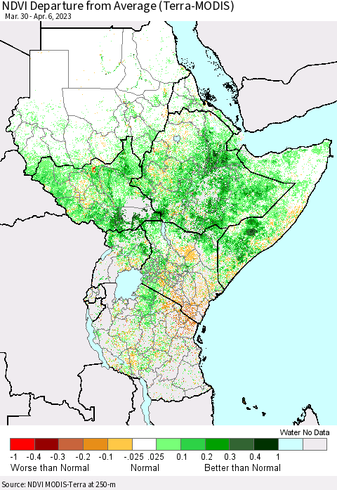 Eastern Africa NDVI Departure from Average (Terra-MODIS) Thematic Map For 3/30/2023 - 4/6/2023