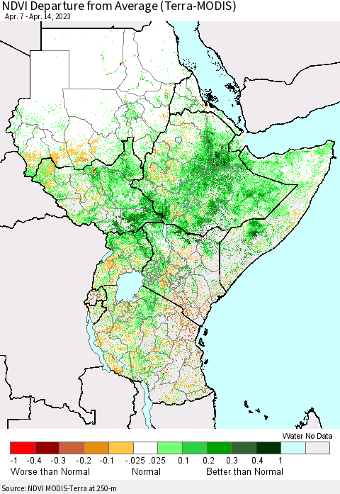 Eastern Africa NDVI Departure from Average (Terra-MODIS) Thematic Map For 4/7/2023 - 4/14/2023