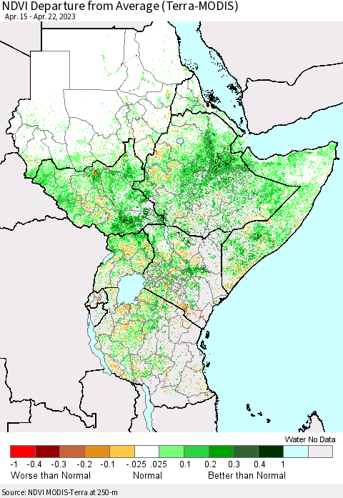 Eastern Africa NDVI Departure from Average (Terra-MODIS) Thematic Map For 4/15/2023 - 4/22/2023