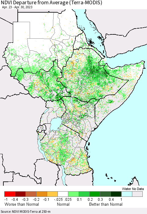 Eastern Africa NDVI Departure from Average (Terra-MODIS) Thematic Map For 4/23/2023 - 4/30/2023