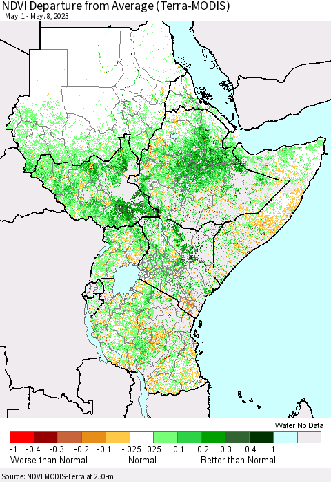 Eastern Africa NDVI Departure from Average (Terra-MODIS) Thematic Map For 5/1/2023 - 5/8/2023