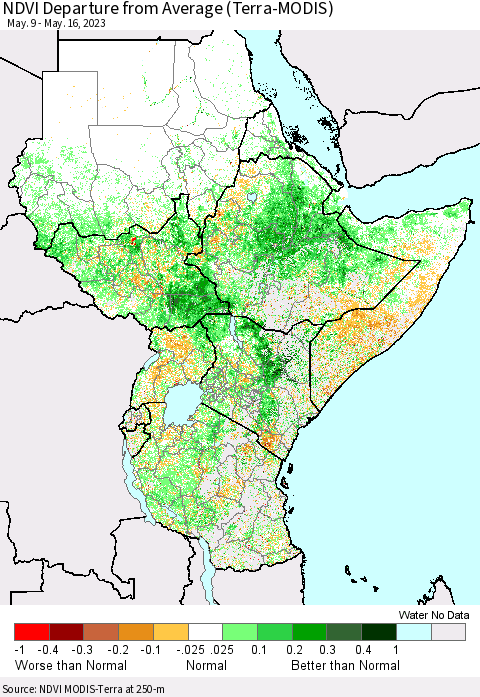 Eastern Africa NDVI Departure from Average (Terra-MODIS) Thematic Map For 5/9/2023 - 5/16/2023